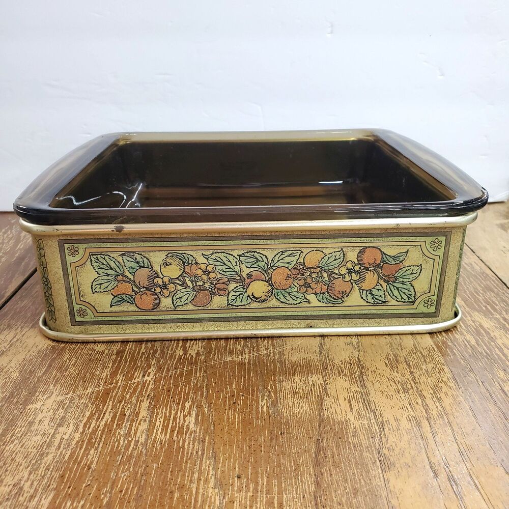 Vintage Pyrex Corning 222 Amber Glass Baking Dish Fruit Pattern Metal Caddy 8x8